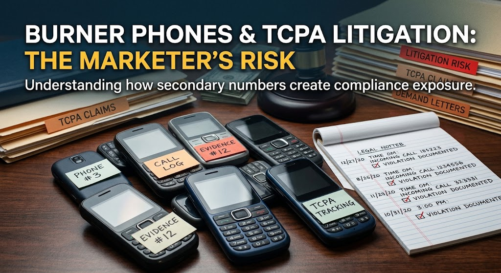 Prepaid burner phones labeled as evidence beside TCPA claim files, a gavel, and a legal notepad tracking documented call violations