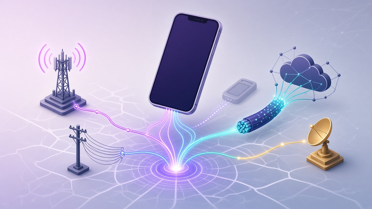 Illustration of a smartphone connected to a telecom network of cell towers, landlines, fiber, and cloud nodes representing carrier subtypes