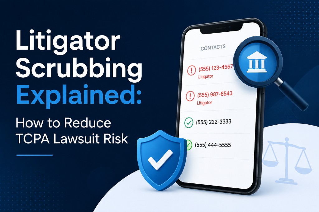Litigator scrubbing explained: smartphone contacts list flagging litigator numbers with a magnifying glass and protection shield