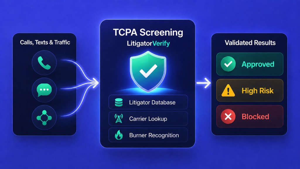 Diagram: calls, texts, and traffic flow through TCPA screening in LitigatorVerify to validated results such as approved, high risk, or blocked.